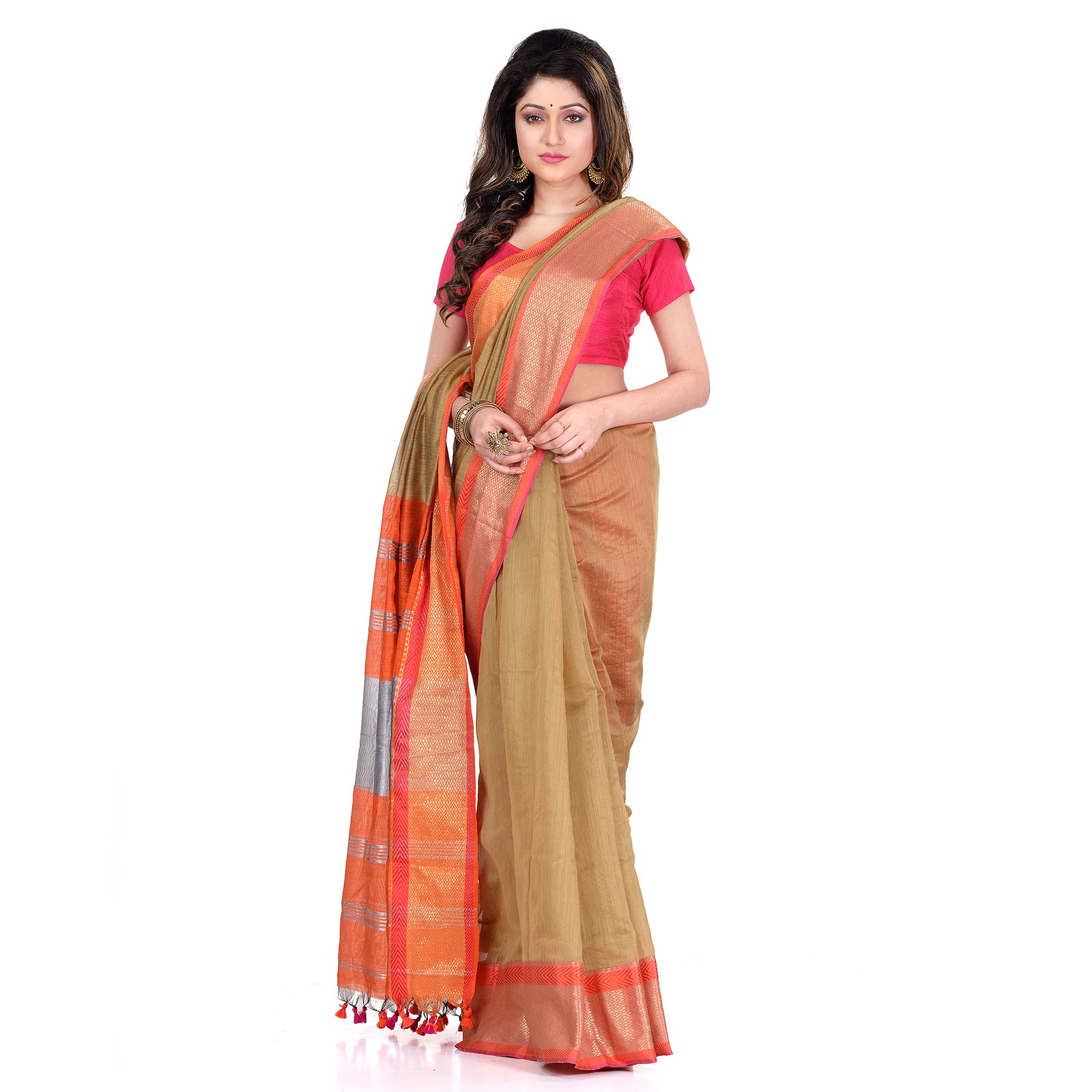 DESH BIDESH Women`s Handloom Cotton Silk Saree Jacquard Maheswari Design Zari Work With Blouse Piece(Khaki Orange)